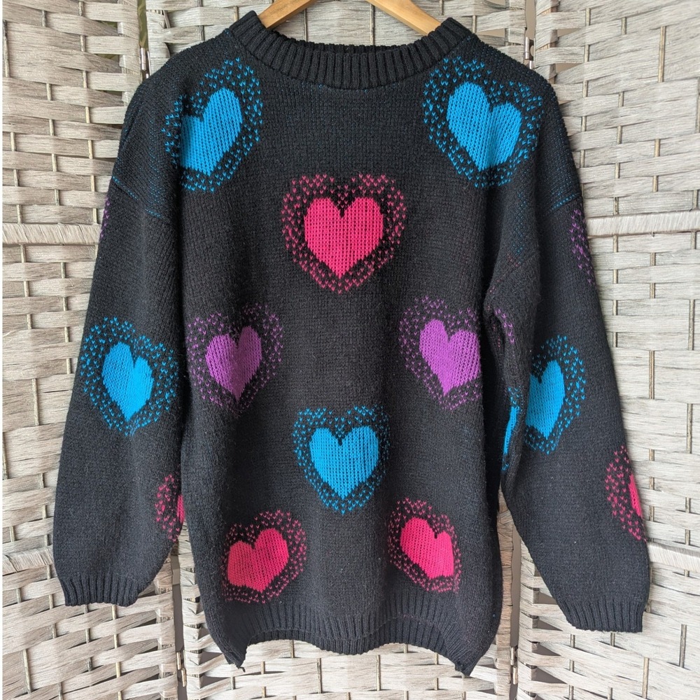 Vtg Heart Sweater Black Pink Blue 80s 90s Oversized Fits Modern M/L Cozy‎ Cute